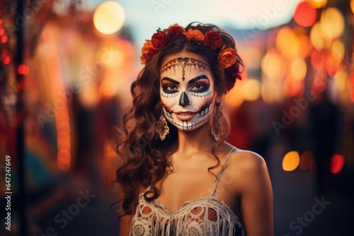 Street portrait of a gorgeous brunette with festive death day makeup.