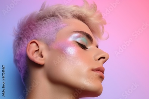 Portrait of a young guy with non-traditional orientation with colored makeup on his face.