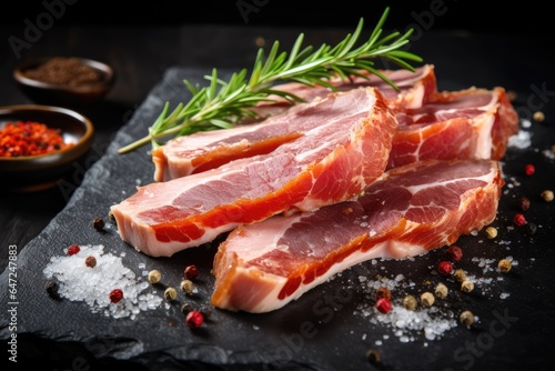 Fresh raw bacon cut into slices with salt