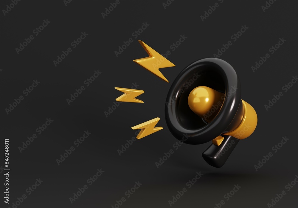 Black and gold megaphone or loudspeaker on black background. Black Friday concept. 3d Render illustration Black and gold megaphone or loudspeaker on black background. Black Friday concept. 3d Render illustration