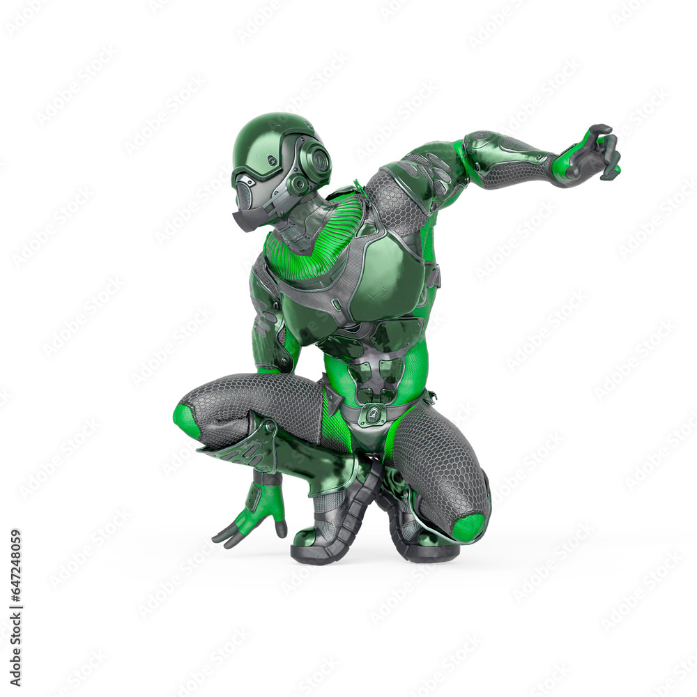 futuristic astronaut is crouched ready to jump in white background futuristic astronaut is crouched ready to jump in white background