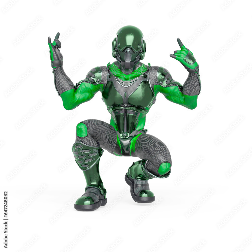futuristic astronaut is crouched and doing a heavy metal pose in white background futuristic astronaut is crouched and doing a heavy metal pose in white background