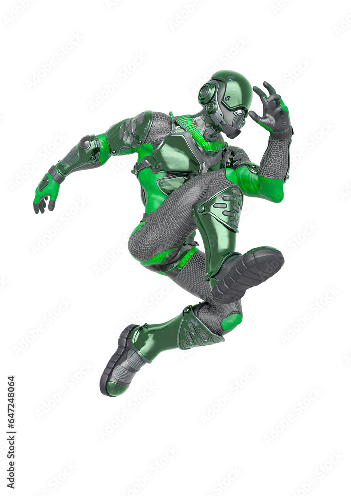 futuristic astronaut is jumping in action on white background futuristic astronaut is jumping in action on white background