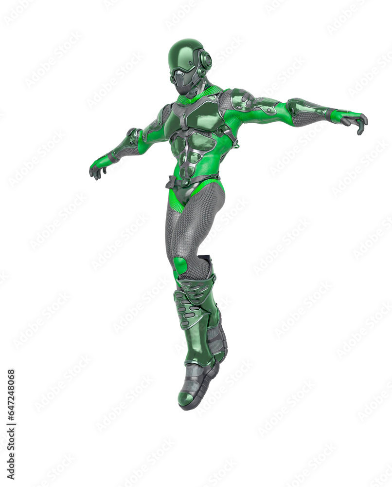 futuristic astronaut is floating and landing in white background