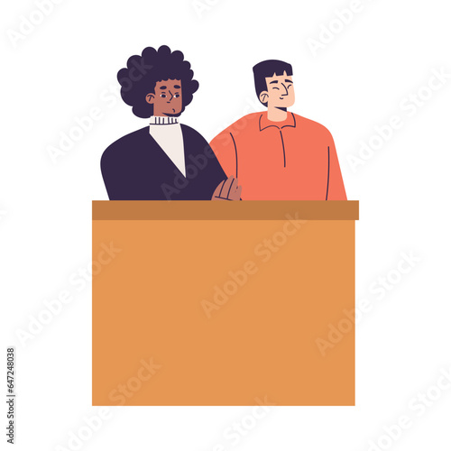 Litigation with Man and Woman at Tribune at Courtroom Engaged in Settlement Vector Illustration