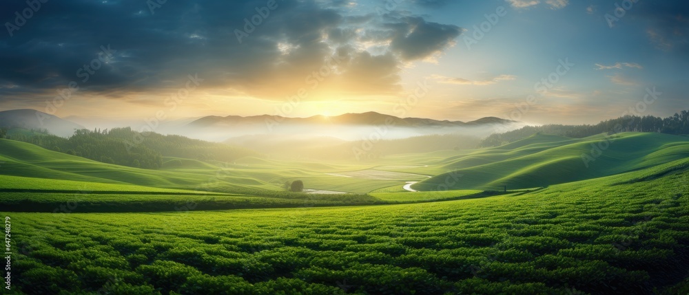 Green fields sunrise