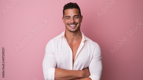 Indoor shot of handsome muscular guy with positive expression, wears casual mock up white shirt for your promotion, stands against pink background.