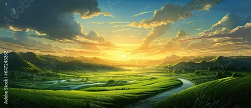 Green fields sunrise