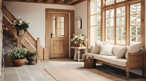 Cozy interior design of modern rustic entrance hall with door in farmhouse. Hallway with timber beam ceiling photo