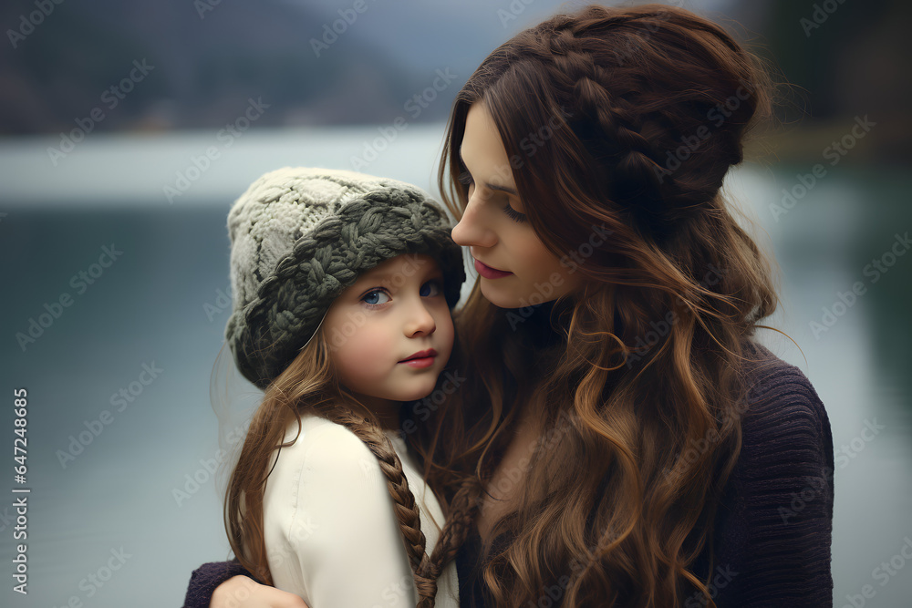 Fototapeta premium A mother and child together in nature in the winter, their love for each other evident in their smiles. The image is a beautiful reminder the bond between a mother and child.