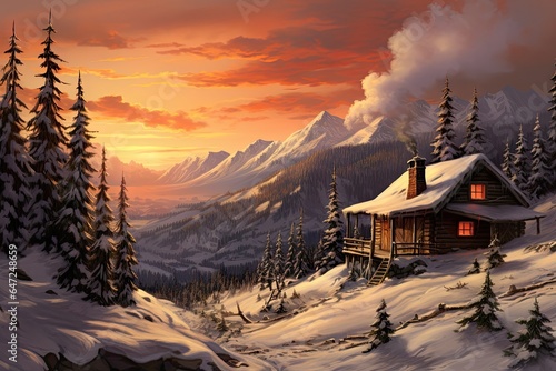 Hut cabin woods snow ground warm sundown