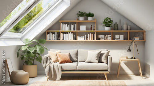 Cozy sofa against skylight window near grey wall with wooden shelf. Scandinavian interior design of modern stylish living room in attic  photo