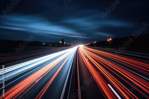 Moving car lights on highway at night long
