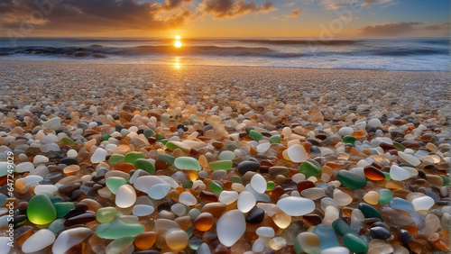 Glass pebble beach sunset. A beautiful beach of and sea shells sea glass made of tumbled glass polished over time by the waves of the ocean into shining pebbles