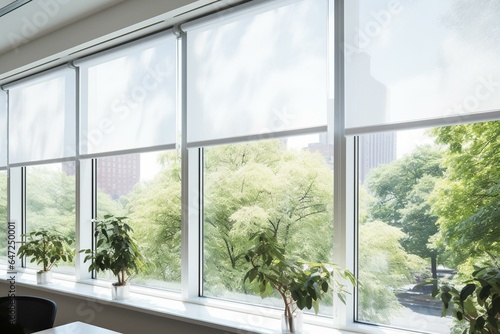 Protection from sunlight using white roller blinds on office windows with a view of the garden. Generative AI © Christopher