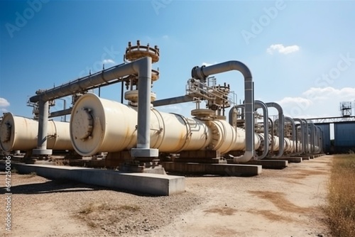 Processing plant with pipelines and valves. Industrial area under a blue sky. Oil pipeline valves in the industry. Generative AI