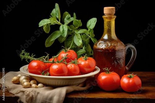 Tomatoes tomatoes lemon leaves garlic bottle