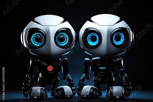 Two robots with blue eyes and a black background © Tymofii