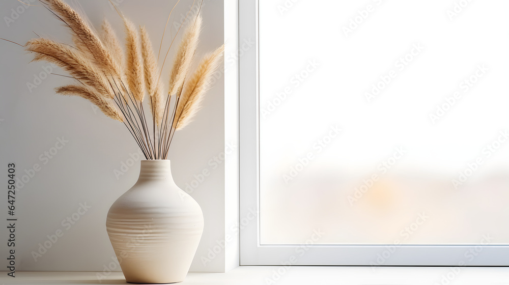Decorative clay vase with pampas grass against window near white wall. Home decor background with copy space. Interior design of modern living room Decorative clay vase with pampas grass against window near white wall. Home decor background with copy space. Interior design of modern living room