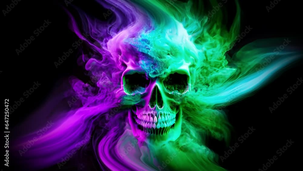 Skull head with pink and green smoke explosion. 4k quality looping video Skull head with pink and green smoke explosion. 4k quality looping video