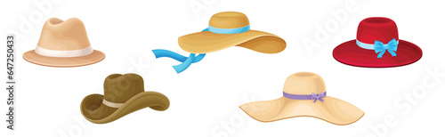 Different Hat and Headdress with Brim and Ribbon Vector Set