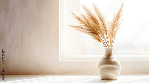 Decorative clay vase with pampas grass against window near white wall. Home decor background with copy space. Interior design of modern living room photo