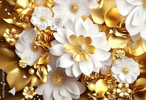 Wallpaper Mural Golden and white jewelry flowers on silk background, 3d wallpaper. Generative AI Torontodigital.ca