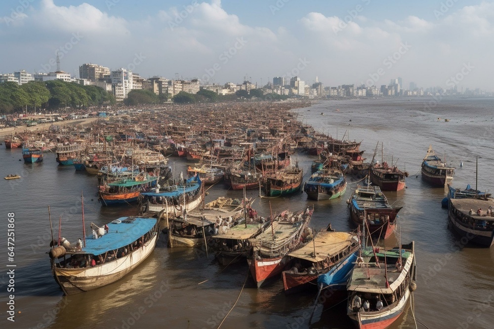 View of India's gateway and boats from the harbour in Mumbai, India. Generative AI