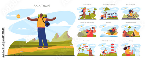 Solo travel set. Character traveling alone with a back pack. Outdoor relaxation
