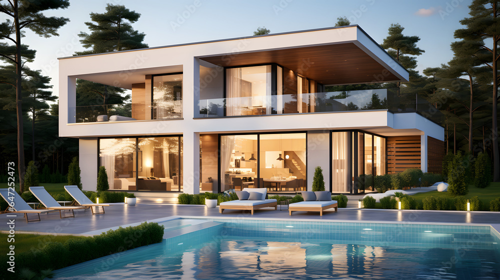 Exterior of modern minimalist cubic villa with balcony, terrace and swimming pool