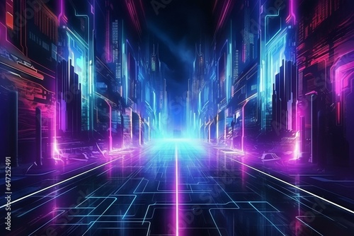 Abstract, cyberpunk distortion background with neon lights. Generative AI