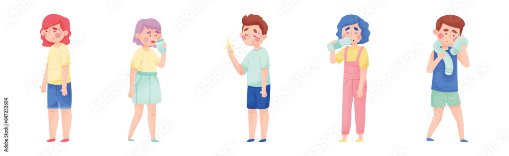 Sweaty People Characters Cooling Themselves with Drink and Fan in Hot Weather Vector Set