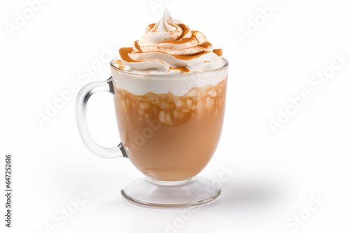 Seasonal pumpkin spice latte with cream in mug on white background