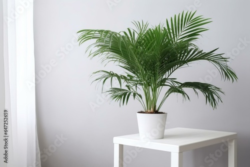 Areca palm in white pot on table indoors. Generative AI