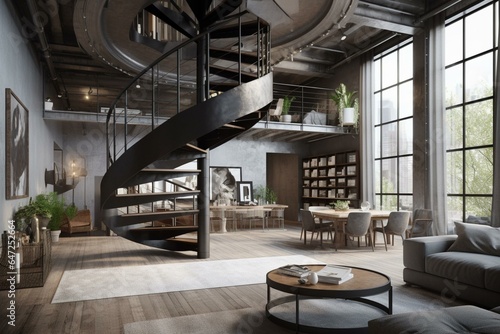3D visualization of converted loft with spiral stairs   living room. Generative AI