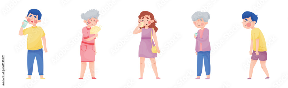 Sweaty People Characters Cooling Themselves with Drink and Fan in Hot Weather Vector Set Sweaty People Characters Cooling Themselves with Drink and Fan in Hot Weather Vector Set