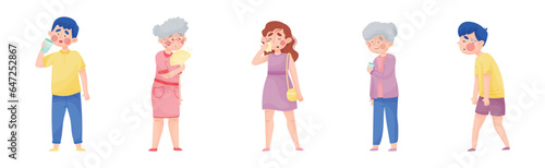 Sweaty People Characters Cooling Themselves with Drink and Fan in Hot Weather Vector Set