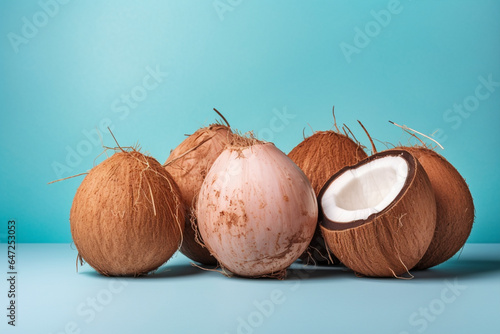 Whole and halved coconuts on blue background