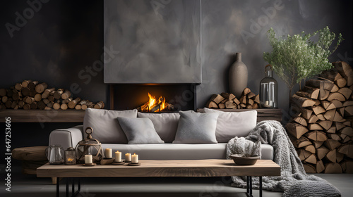 Fireplace and wooden logs coffee table near gray fabric sofa. Interior design of modern scandinavian living room  photo