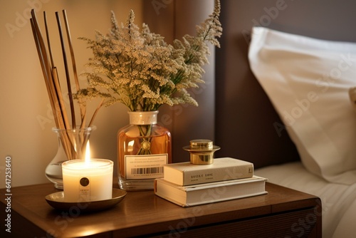 Bedside table with literature and aromatic reed diffuser. Generative AI