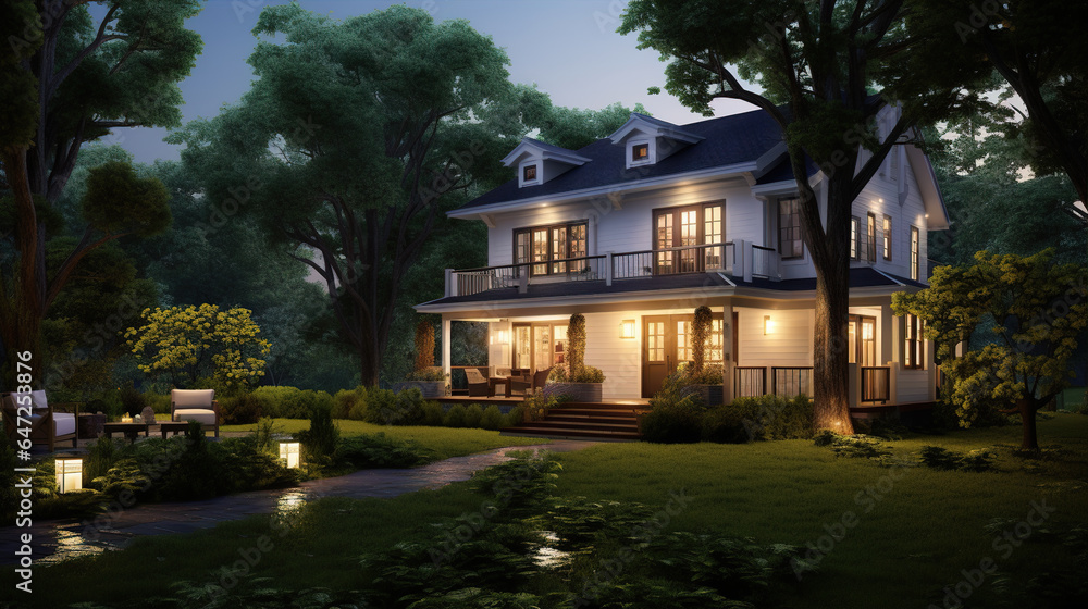 3d model of a country home, with the lawns and flowers