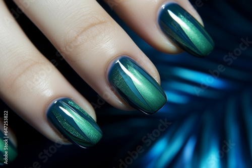 Woman's fingernails with green and blze colored nail polish design photo