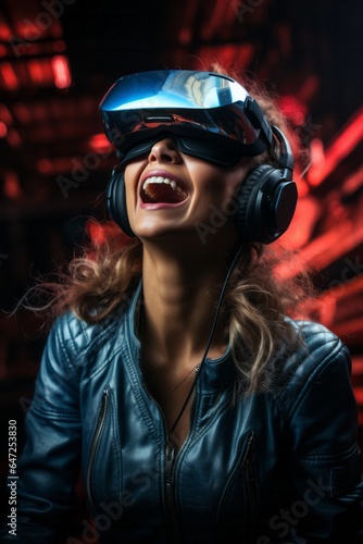 Photo of a woman wearing a leather jacket and virtual reality headset and headphones created with Generative AI technology