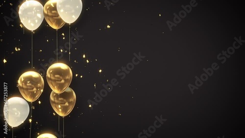 Balloons with sparks flying. Background of golden confetti falling on white and gold balloons created with CG
