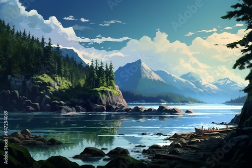 Digital painting of a fantasy concept depicting Nootka Island on Vancouver Island, Canada with a horizontal side view of the skyline. Generative AI photo