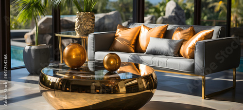 Golden coffee table near gray sofa and armchairs. Hollywood glam photo