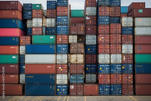 Containers stacked at terminal, global logistics; overhead rotation. Generative AI