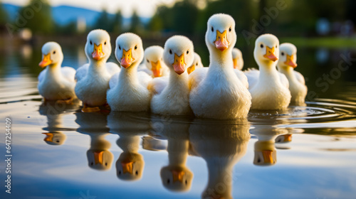 Group of ducks sitting on top of body of water.