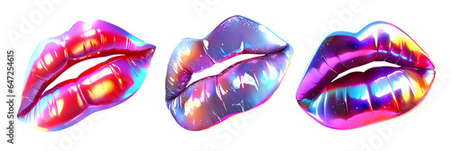 Holographic chrome metal lips isolated. 80s 90s Iridescent neon beauty, cosmetics, makeup icons. Ai generated photo