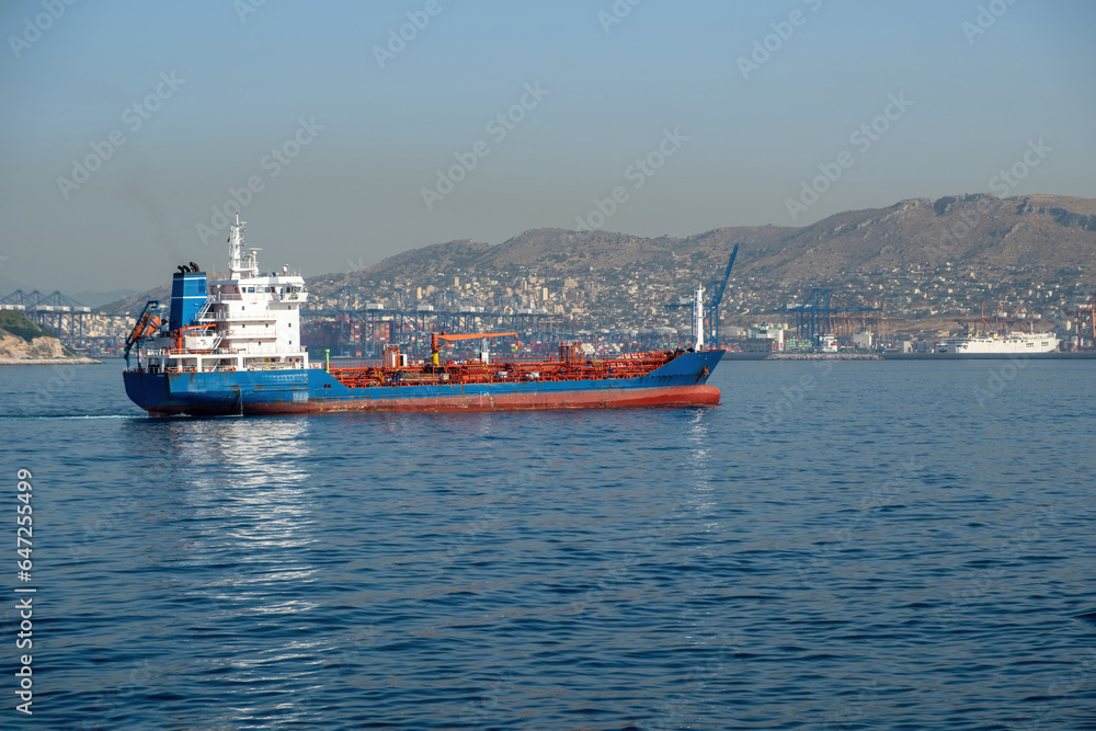 Fototapeta premium Container cargo ship loaded arrives at Piraeus port, Greece. Import export business and logistics.